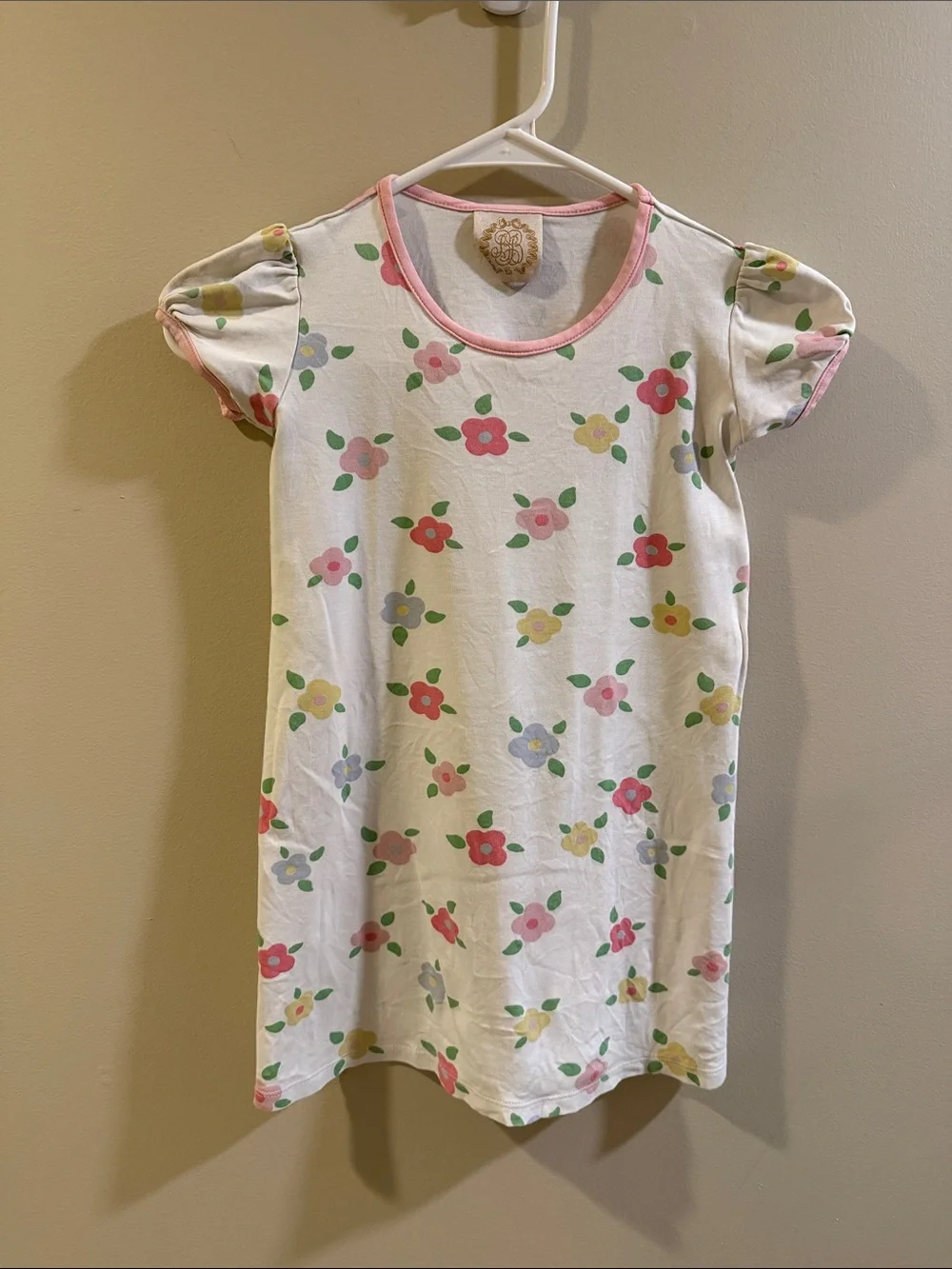 The Beaufort Bonnet Company White Floral Short Sleeve Nightshirt with Pink Trim